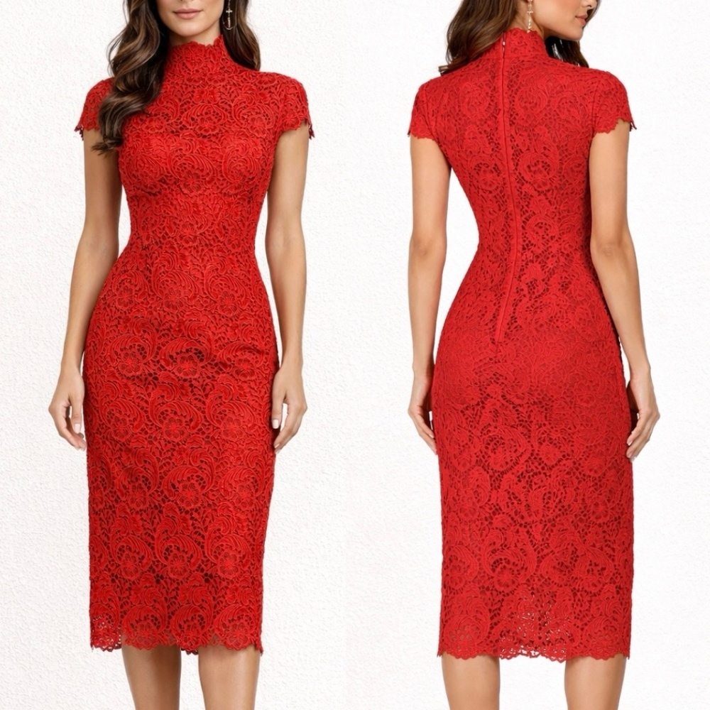 Blaque Label Orange Lace Midi Dress Size M | High Neck Scalloped Hem